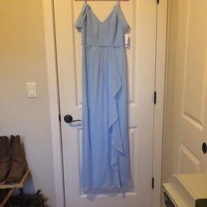 David’s Bridal Bridesmaid’s Dress Elegant Light Blue Off-Shoulder Gown